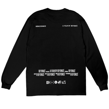 Back view of black Beyoncé Reneigh long sleeve tee with Renaissance film credits graphic and minimalist white text print design