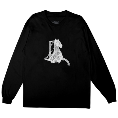 Black Beyoncé Reneigh long sleeve tee featuring silver horse graphic artwork inspired by Renaissance album aesthetic on front