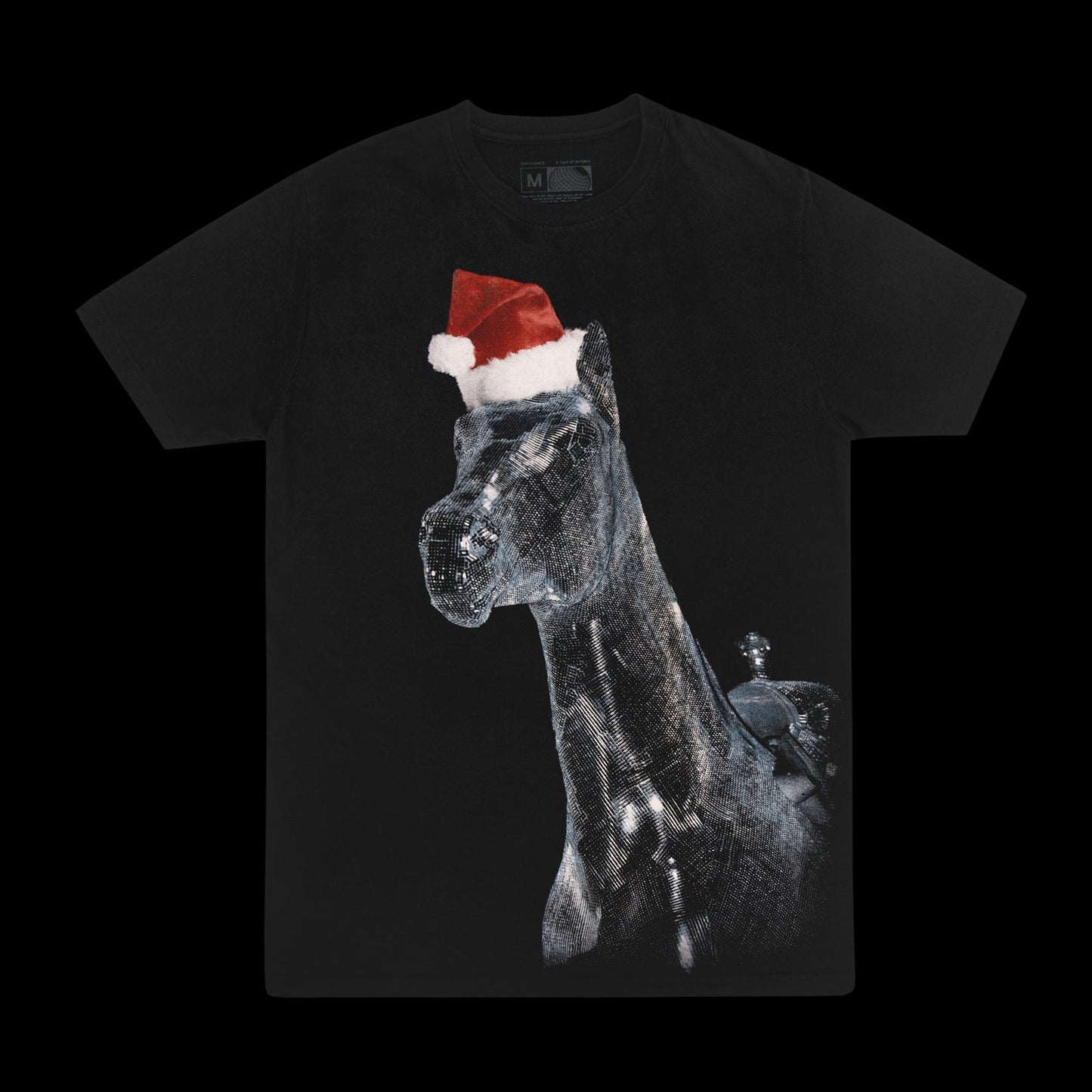 RENEIGH SLEIGH black short sleeve tee front with metallic horse graphic wearing a red Santa hat