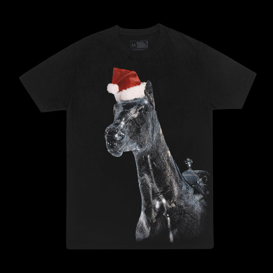 RENEIGH SLEIGH black short sleeve tee front with metallic horse graphic wearing a red Santa hat