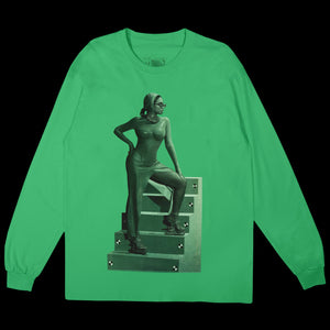 Sleigh long sleeve tee front in festive green featuring Beyoncé-inspired holiday graphic and bold seasonal merch aesthetic