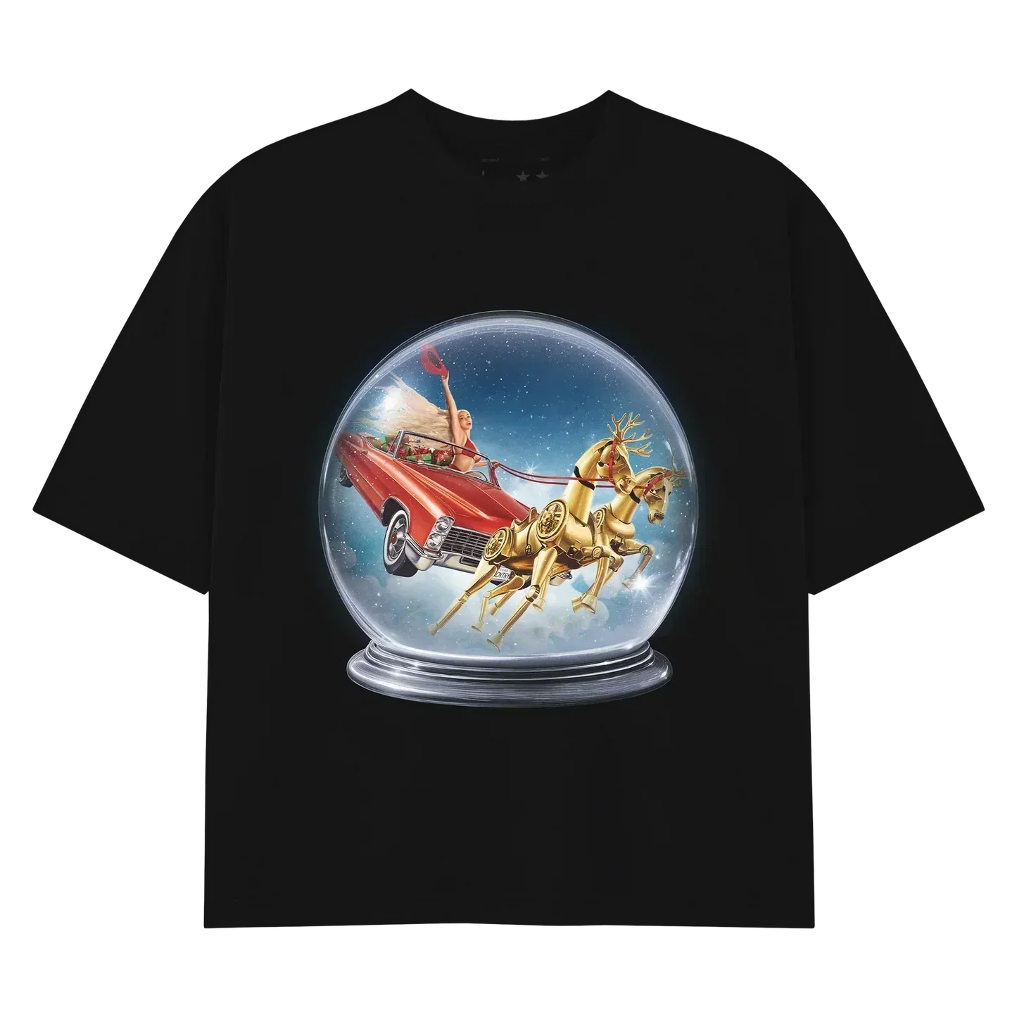 SLEIGHYONCÉ black Christmas tee with festive Beyoncé snow globe artwork and holiday-inspired western fantasy design
