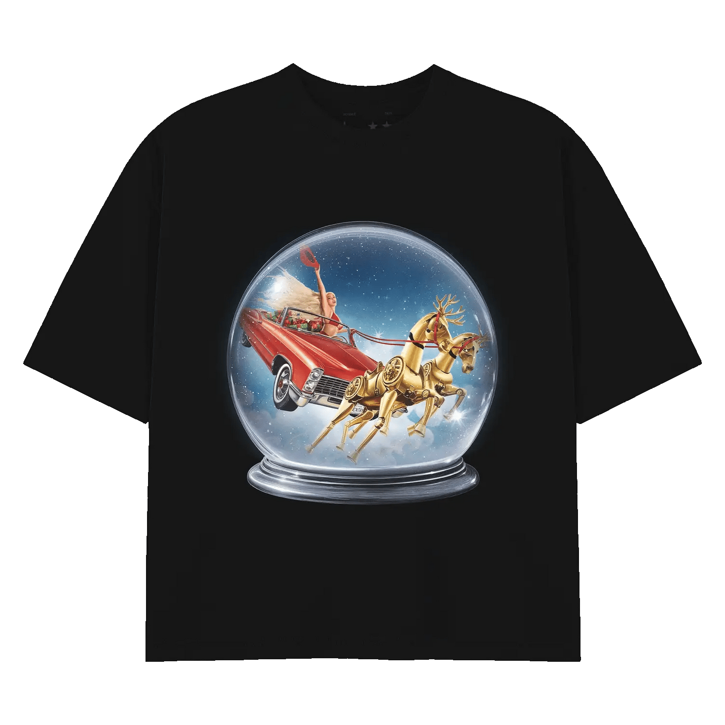 SLEIGHYONCÉ black holiday tee with snow globe graphic featuring Beyoncé in a red sleigh car and golden reindeer
