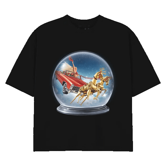 SLEIGHYONCÉ black holiday tee with snow globe graphic featuring Beyoncé in a red sleigh car and golden reindeer